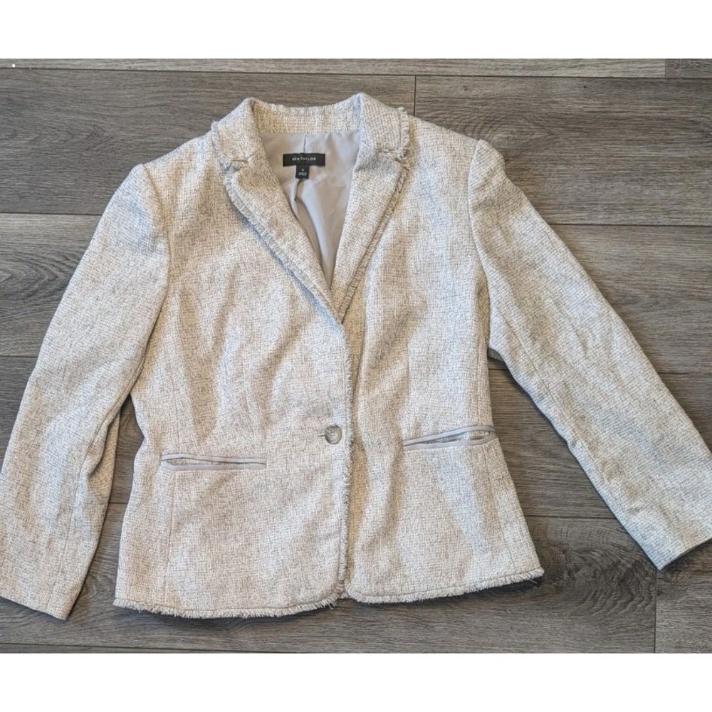 Ann Taylor 10 Blazer Cropped Twill Frayed Trim Pockets Academia Clueless Gray